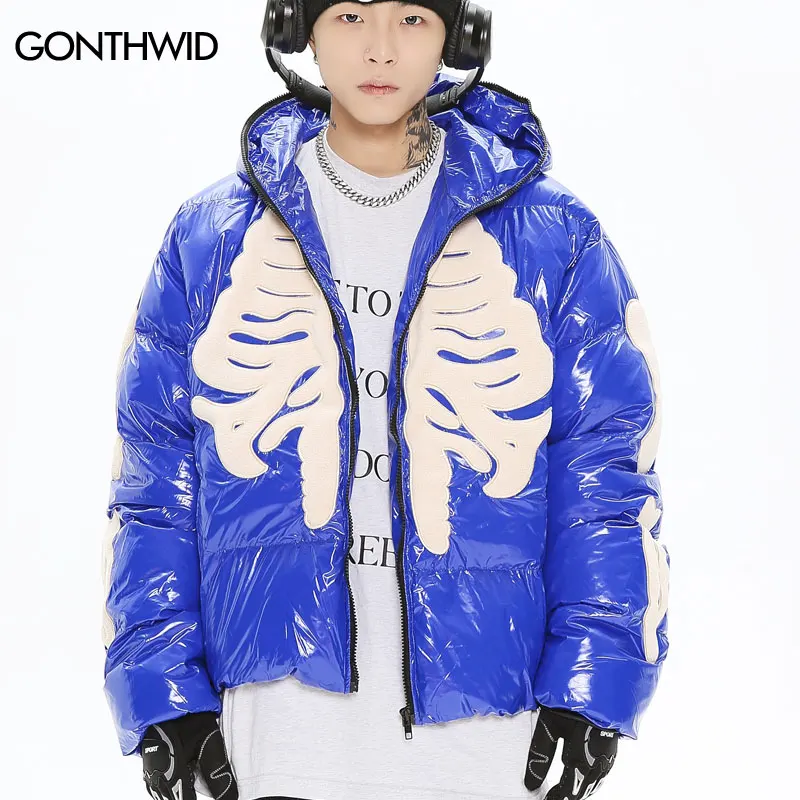 Mens Hip Hop Parkas Skulls Embroidery Winter Jacket Men Harajuku Outwear Street Little Devil Hooded Padded Jacket Coats Unisex