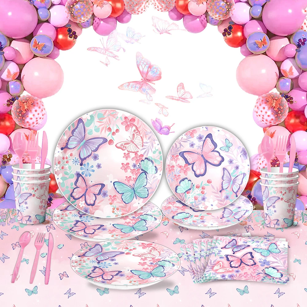 Butterfly Fairy Birthday Party Tableware Set - Pink Disposable Plates Cups Napkins and Tablecloth