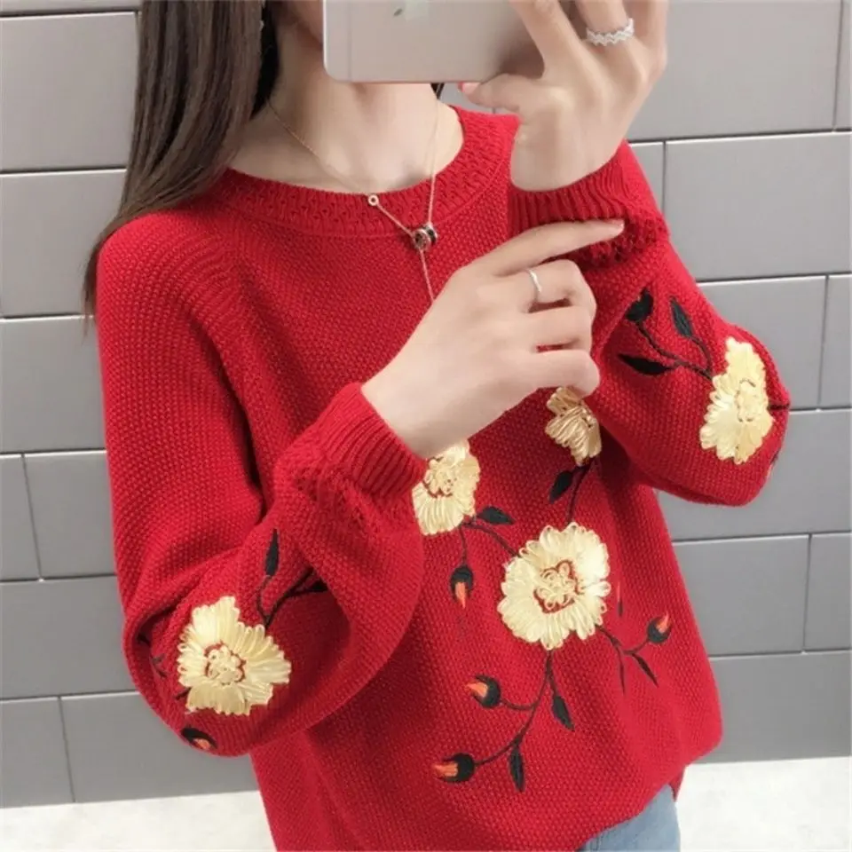 

Flower Sweater Women Pullover Loose Tops Femme Korean Fashion Sweet Embroidered Knitwear Basic Autumn Winter Jumpers U1100