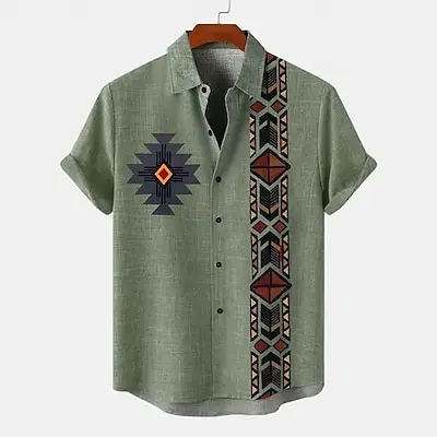 Bamboo Linen Retro Ethnic Totem Print Men's Short Sleeve Shirt Hawaiian Casual Loose Lapel Men's Tops