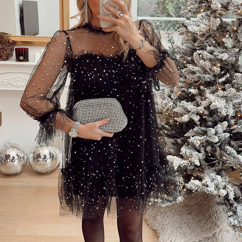 

Christmas Polka Dots Print Lace Mesh Party Dress Women Spring O-neck Hollow Pleat Short Dress Fall See Through Sleeve Mini Dress