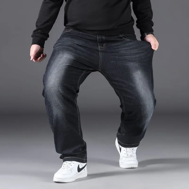 2023 Autumn Winter New Thick Loose Casual Jeans Pants Men Straight Elastic Plus Fat Size Thick Warm High Waist Long Trousers