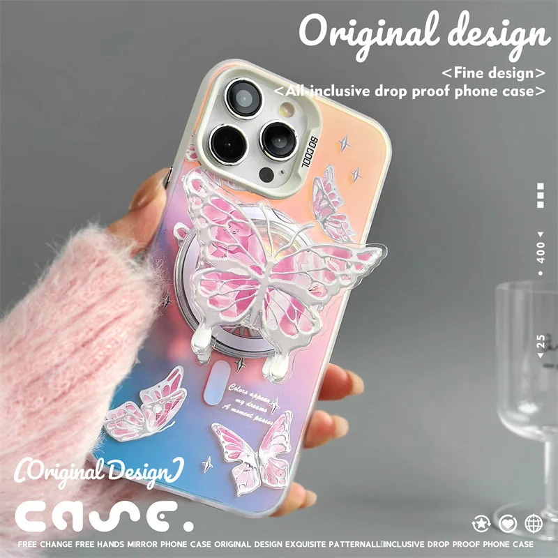 

Creativity Laser Butterfly Magnetic Mobile Phone Holder for IPhone 15 14 13 12 11 Pro Max XR 7 8Plus Back Cover Protective Cover