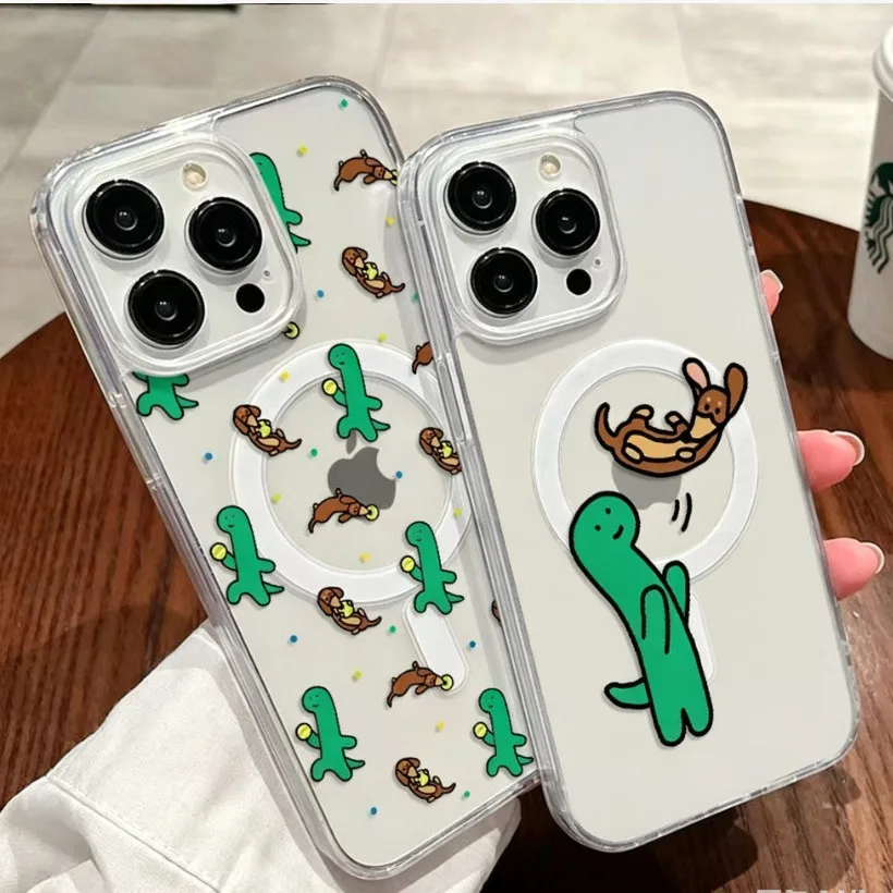 Playful Dinosaur and Sausage Dog MagSafe Magnetic Phone Case - Cute Cartoon Design Cover