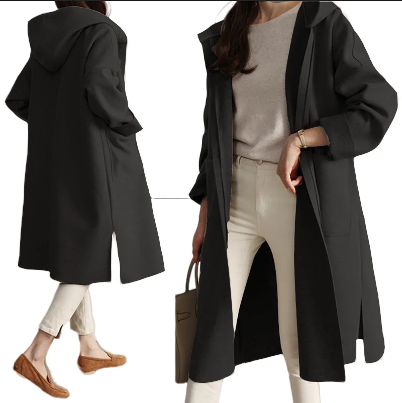 

Plus-size Hooded Women's Windbreaker Casual Loose Turndown Collar Top Trenchcoat Laydies Woolen Overcoat For Spring Autumn S-3XL