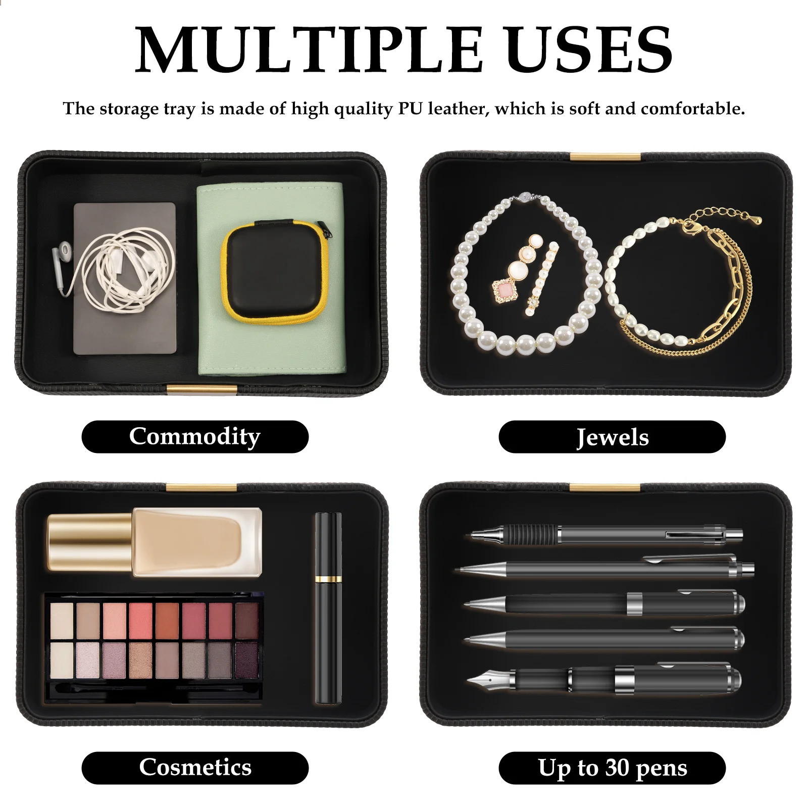 Desktop Storage Tray PU Leather Nightstand Tray Holder Entryway Key Watch Wallet Phone Storage Tray for Home Bathroom Decoration