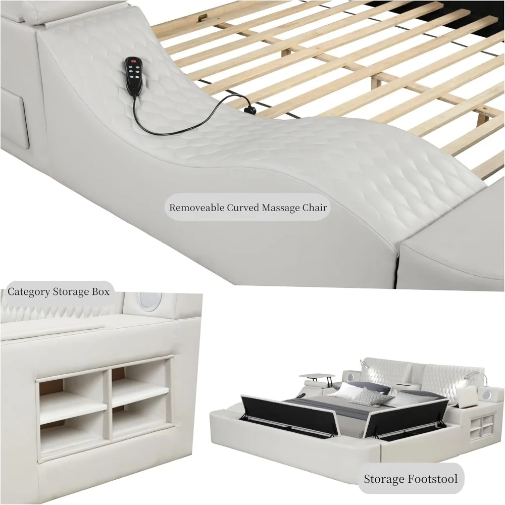 King Size Smart Bed, Multifunctional Leather Bed Frame with Massage Recliner/Adjustable Headboard,Modern Luxury Bed Frame(Beige) 3