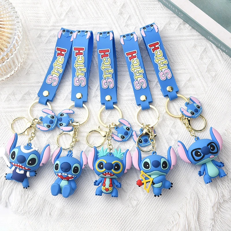 

New Disney Beach Stitch Cartoon Keychain Anime Figures Dolls Pendant Silicone Model Backpack Keyring Decoration Toys Kids Gifts