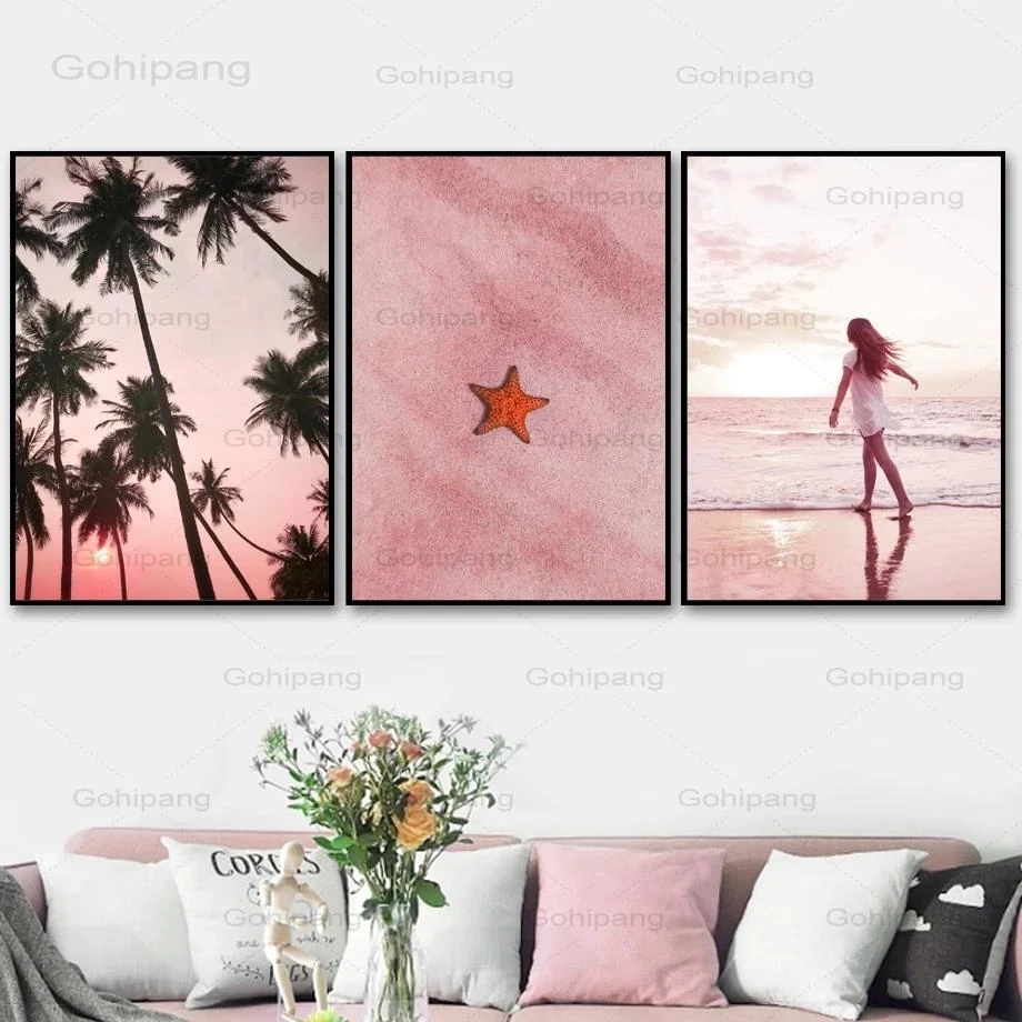

Seaside Scenery Canvas Painting Pink Sunset Beach Coconut Tree Canvas Poster and Print Modern Wall Picture for Living Room Decor