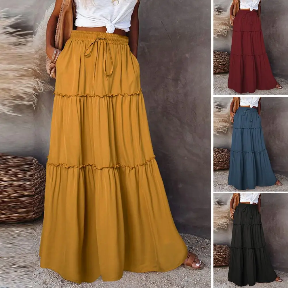 

Elastic Waistband Maxi Skirt Women Maxi Skirt Elegant Women's High Waist Maxi Skirt A-line Silhouette Solid Color for Holiday