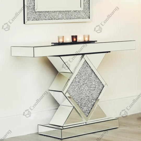 Buy New Arrival Sparkling Crushed Diamond Living Room Mirrored Console Table  With Decor Wall Mirror Set Mirrored Furniture Product on