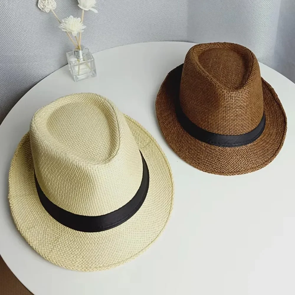Fashion Men Straw Hat for Women Summer Trendy Beach Sun Hats Solid Color Fedoras Ribbon Casual Cowboy Jazz Cap Gangster Cap 모자
