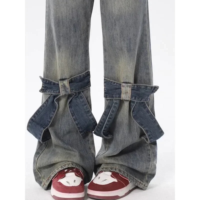 Y2k Vintage Flare Jeans Women Bow Patchwork Korean Streetwear Baddies Denim Pants Harajuku Fashion Gyaru Trousers Acubi