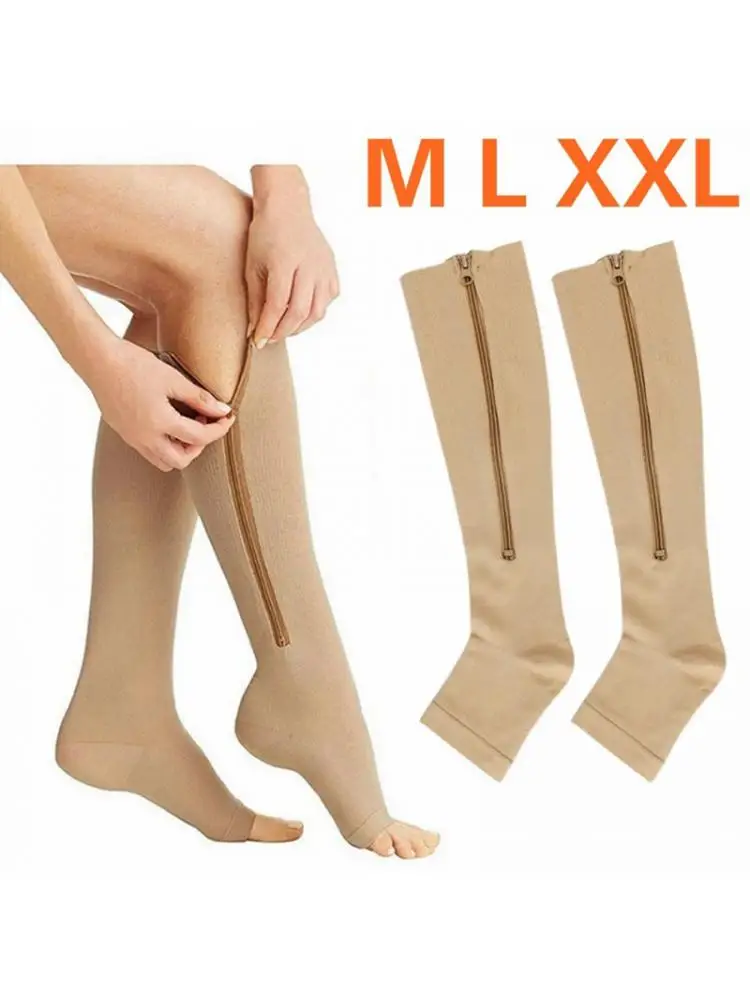 여성용 압축 양말, 스포츠 압력 긴 사이클링 지퍼, 전문 다리 지지대, 두꺼운 양말, 20-30mmhg, 카키 블랙 L/XL XXL