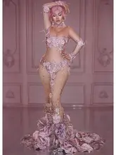  New Pink Flowers See Through Long Dress 3D Pattern Mesh Stretch Birthday Party Dress Women Singer Performance Costume 