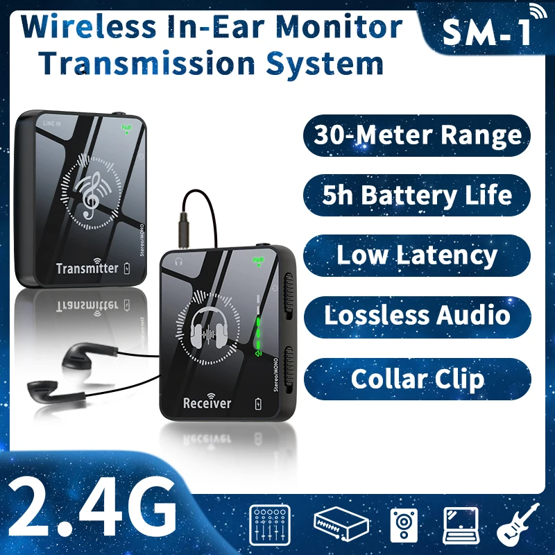 JAMJUM Wireless In-Ear Monitor 2.4G Rechargeable Transmitter/Receiver Set – Perfect For Studio, Rehearsal & Live Stage_voghion.com