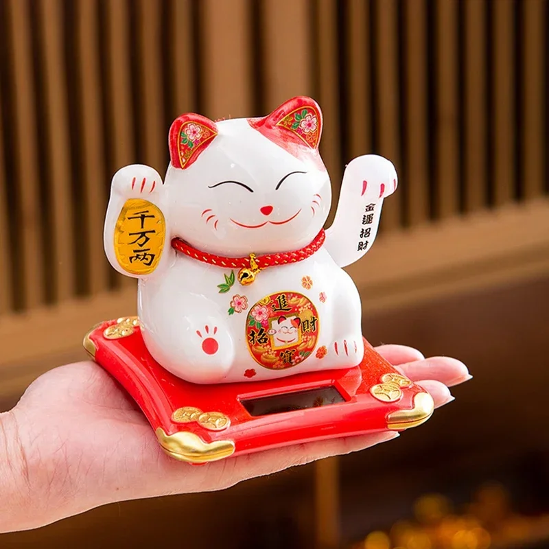 4.5 Pollici Ceramic Beckoning Lucky Cat Solar Powered Fortune Cat Waving Arm Maneki Neko Gift Box Decorazione Della Casa Zen Centrotavola