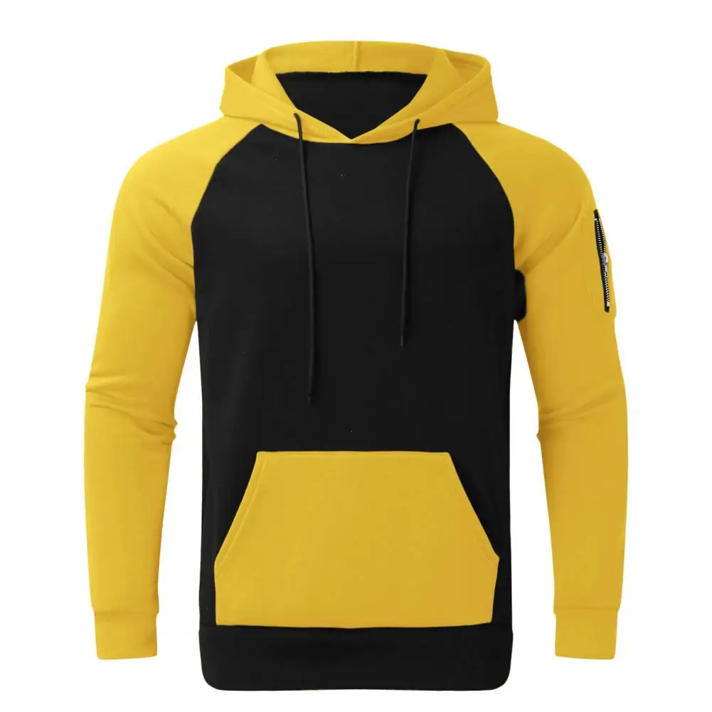 

Long Sleeve Hoodie Men's Plush Colorblock Hoodie Warm Winter Sweatshirt with Zipper Decor Big Patch Pocket for Sports Pullover