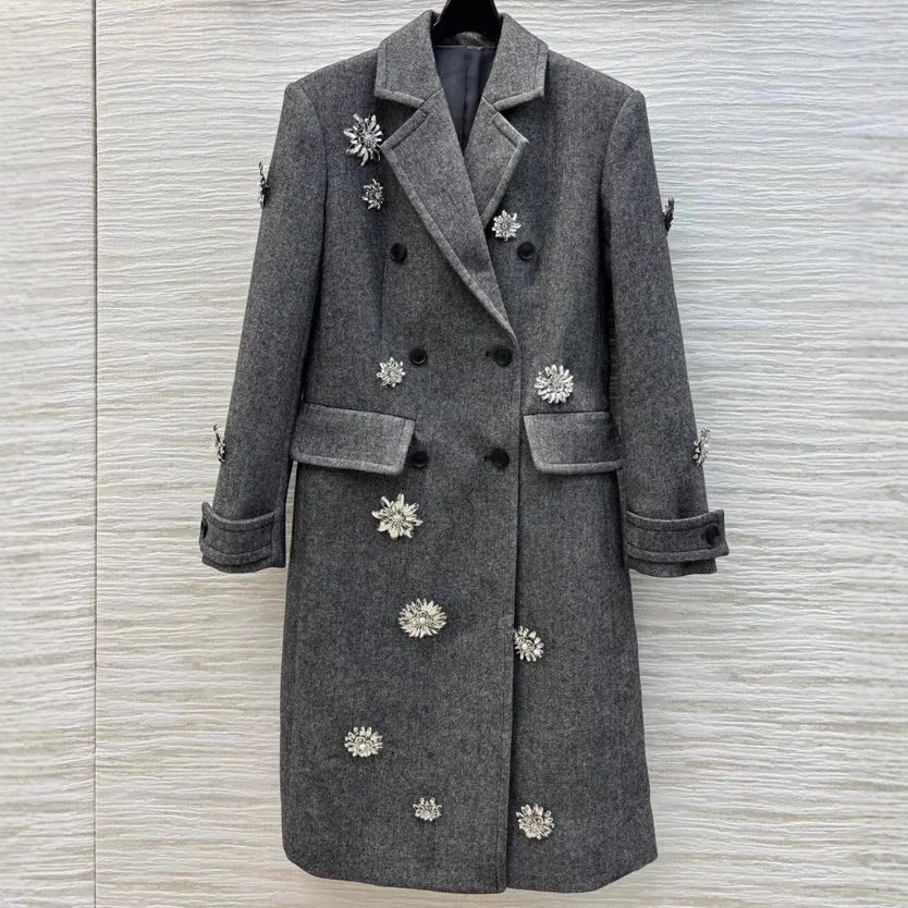 2024 High-quality Rhinestone Decorative Woolen Coat Temperament British Style Capable H-shaped Extended Jacket Winter