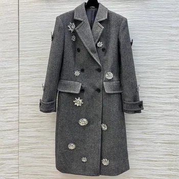 2024 High-quality Rhinestone Decorative Woolen Coat Temperament British Style Capable H-shaped Extended Jacket Winter 1