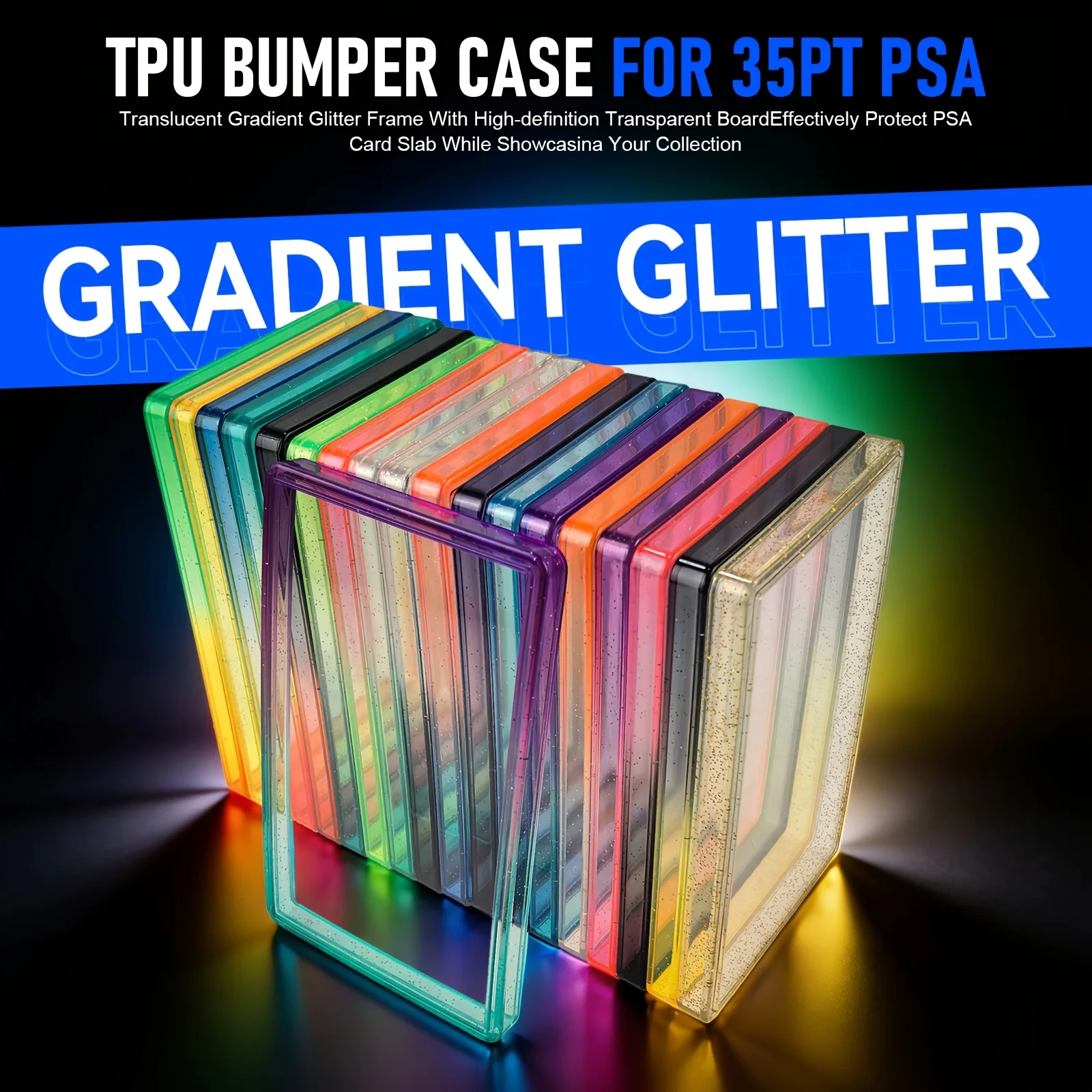 Glitter TPU Slab Bumper Guard Case Holder Protective Skin Display Sleeves with Clear Back for PSA 35PT Graded Trading Card