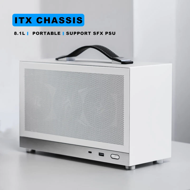8.1L 알루미늄 미니 ITX 컴퓨터 케이스 휴대용 손잡이 메쉬 PC 섀시 SFX PSU 지원 USB 3.0 타입-C 포트 게임 및 사무용
