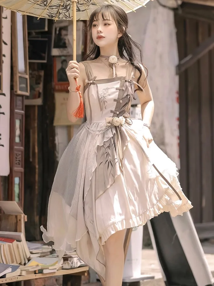 

Original Hanfu Female Chinese Style Improved Daily Han Elements Irregular Lolita Dress Sweet Strap Dress Summer Style