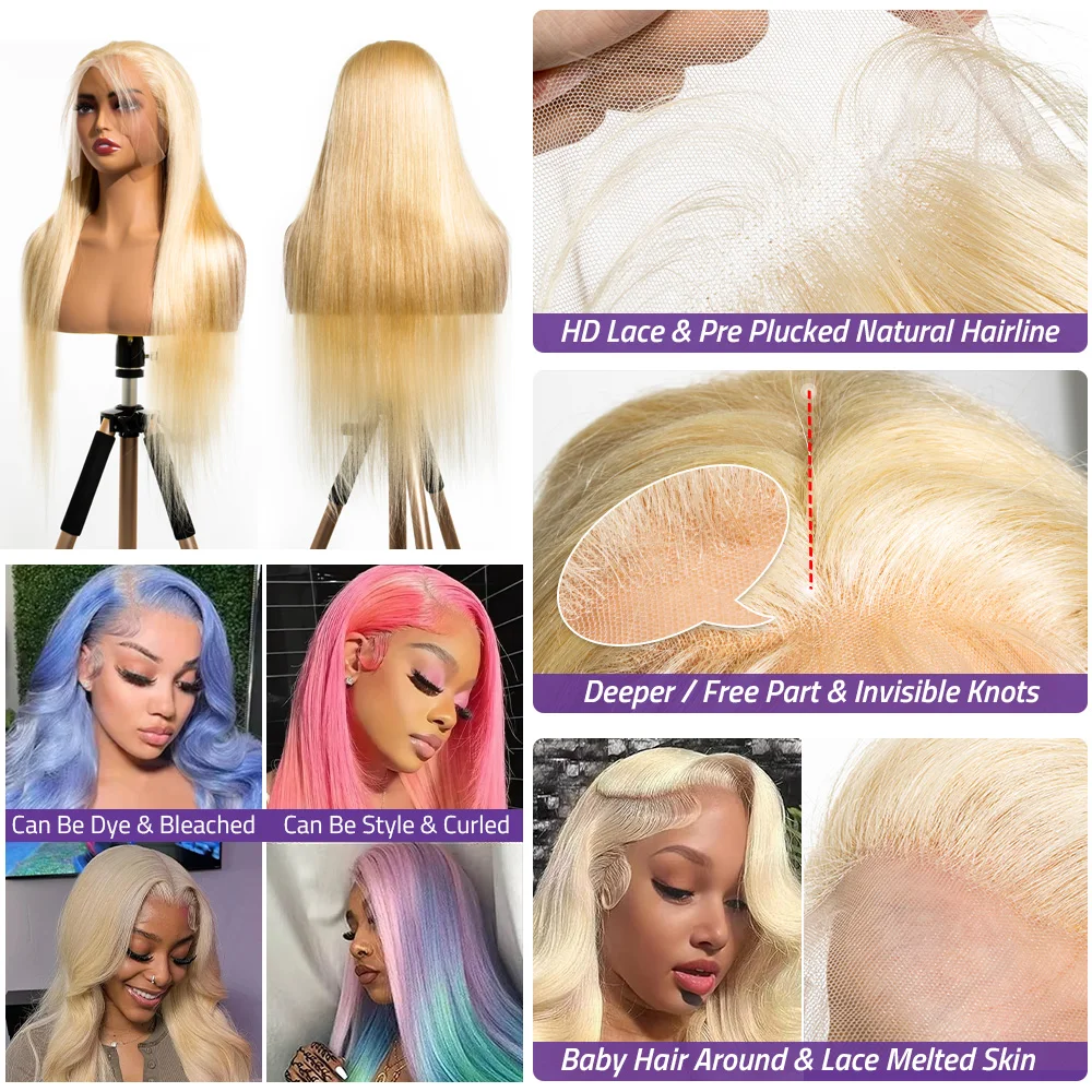 100% Human Hair Wigs 26 Inch Brazilian Bone Straight Lace Front Wig 613 Blonde 13x6 HD Transparent Lace Frontal Black Women human hair wig