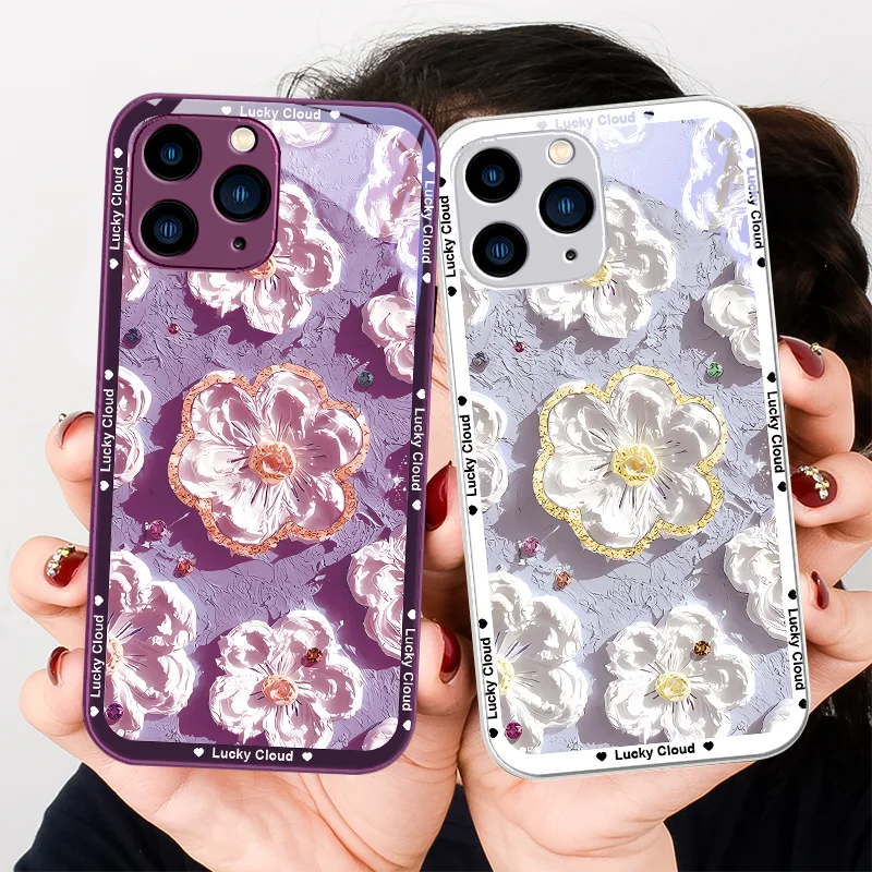 

Oil Painting Flower Black for Iphone 14 13 12 11 Pro Max X XS XR 7 8 Plus 2020 2022 SE Purple Metal Tempered Glass Phone Case