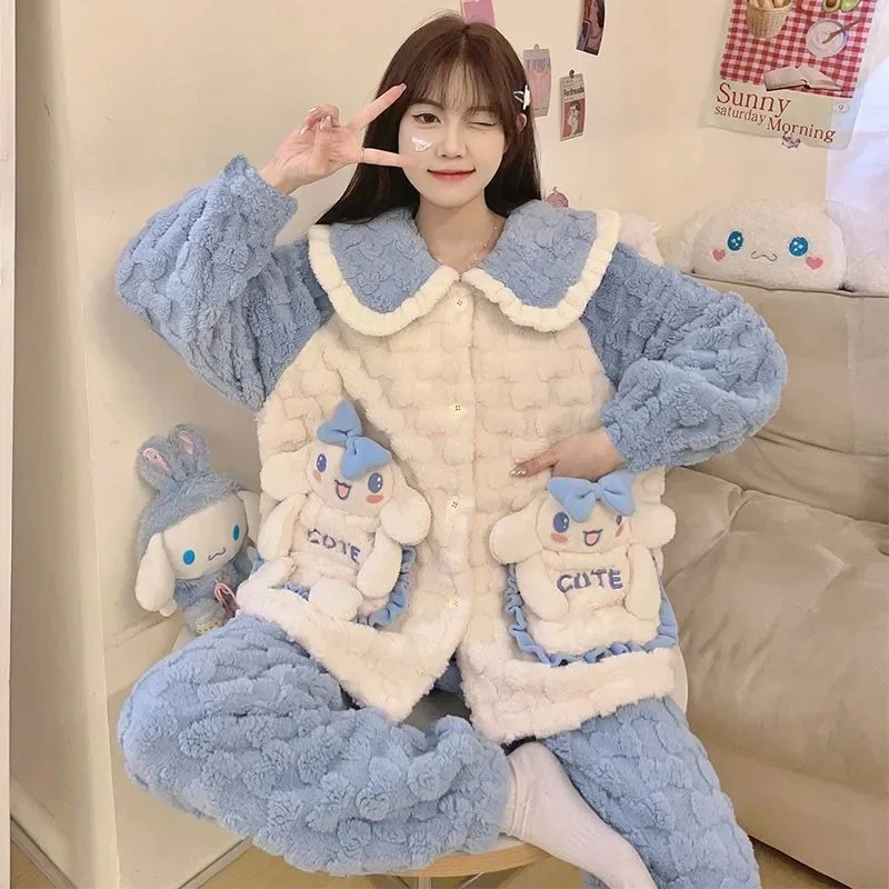 New Coral Fleece Pajamas Women Thick Suit Lapels Cartoon Sweet Girls Flannel Loungewear Casual Warmth Famale Sleepwear Sets