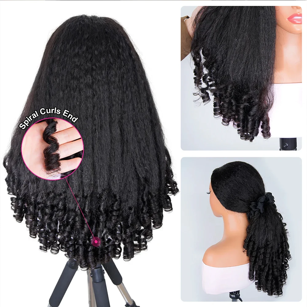 Kinky Straight Burmese Curly 3 IN 1 Half Wigs Human Hair Glueless Wigs Human Hair Half Wig Drawstring Kinky Straight Half Wig