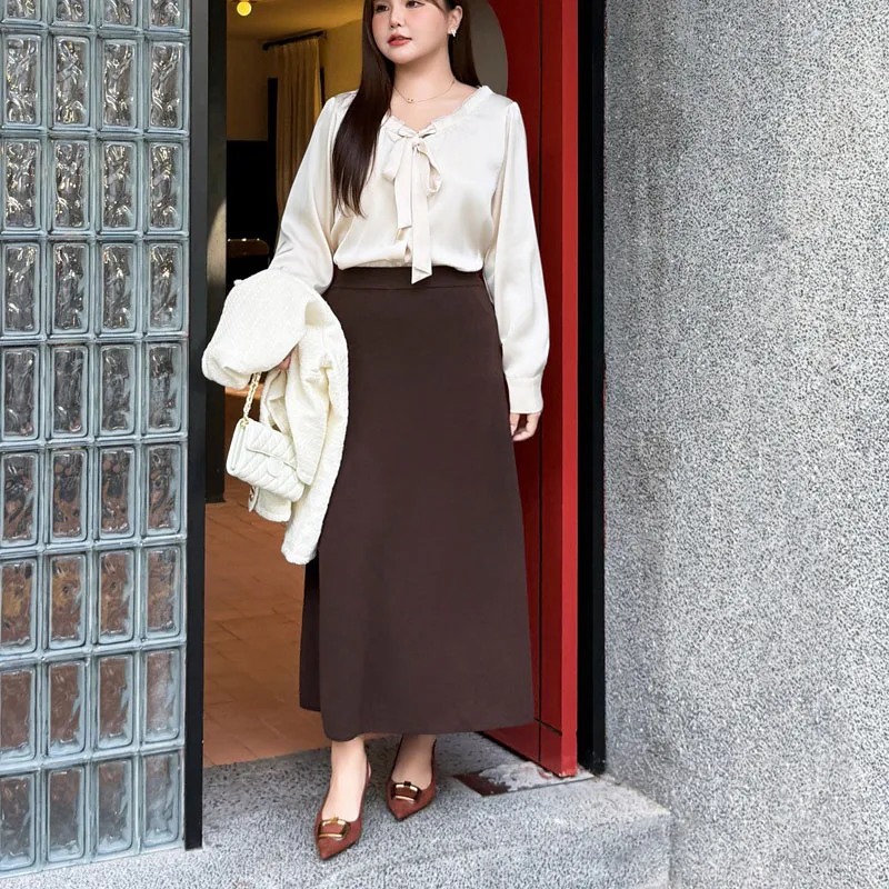 Fashion Plus Size Women's Skirts Premium Elegant And high-end Coffee A-line Wool Knitted Skirt Autumn New Commuting 9414