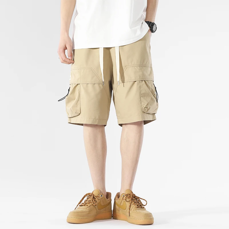 Summer Men's Solid Pockets with Elastic High Waist Casual Drawstring Loose Work Clothes Sports Trousers Fashion Vintage Shorts