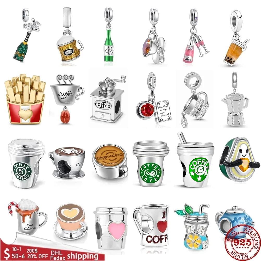 925 Sterling Silver Coffee Red Wine Coffee Glass Maker Champagne Charm Bead Fit Bracciale Pandora Originale Gioielli Fai Da Te Per Le Donne