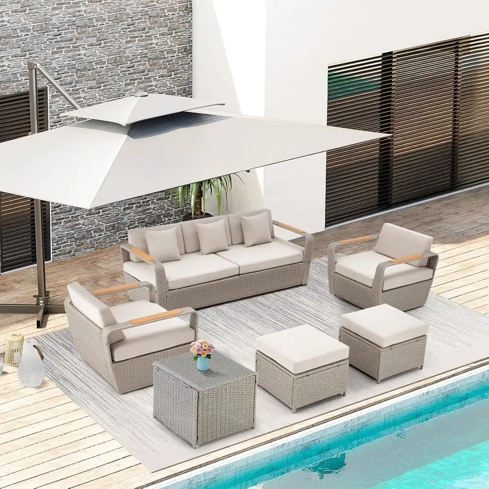Light Gray Outdoor Sectional Patio Furniture Set with Ottoman and Side Coffee Table for Garden, Porch, Backyard 2