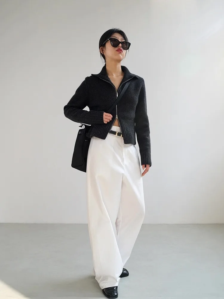 Cardigan minimaliste en cachemire tricoté à col haut avec double fermeture éclair pour femme, manches longues, bas, nouveau manteau d'automne et d'hiver