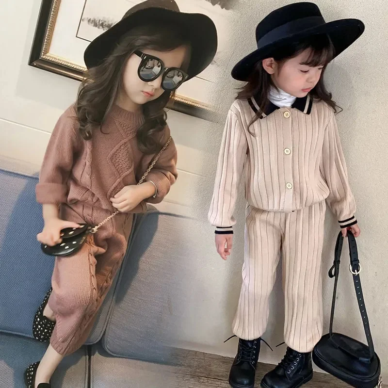 

girls outfit 2023 autumn winter casual Sweater pants suit children knitted clothing set baby clothes