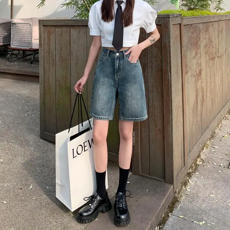 Pantaloni corti da donna, estivi, casual, elasticizzati, a gamba larga, con tasche, leggeri, per il tempo libero, Blu, XXL