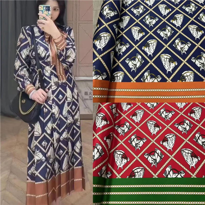 

G Family Popular Vintage Carriage Positioning Printing Twill Silk Fabric Luxury Dress Skirt Designer Satin Material By The Meter