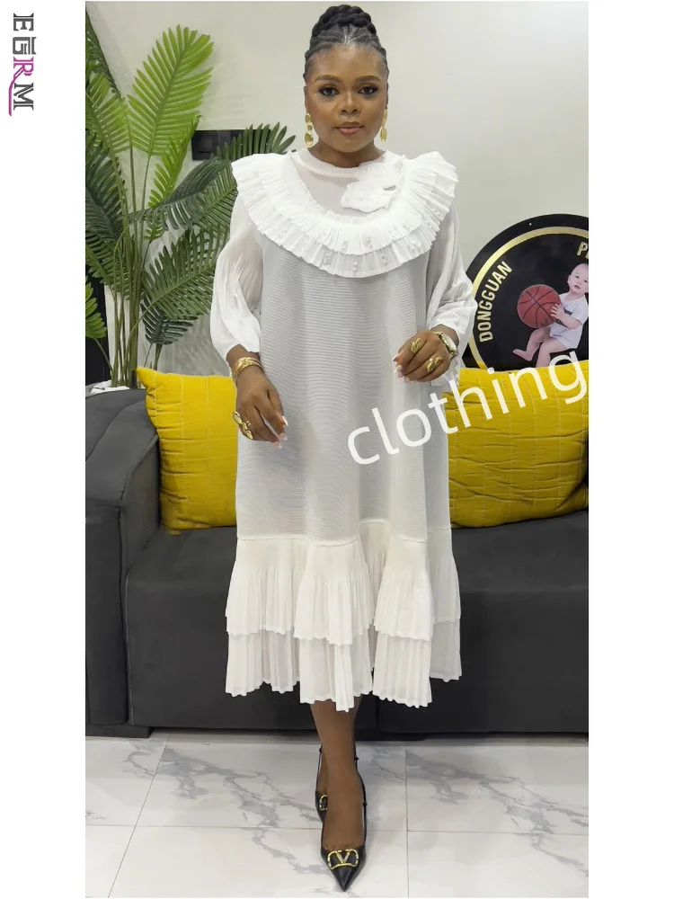 EGRM 2025 Summer New Pleated Dress Women's Solid Sleeveless Ruffles Lace Bottom Skirt with Belt Fashion Female Dresses 9R5618