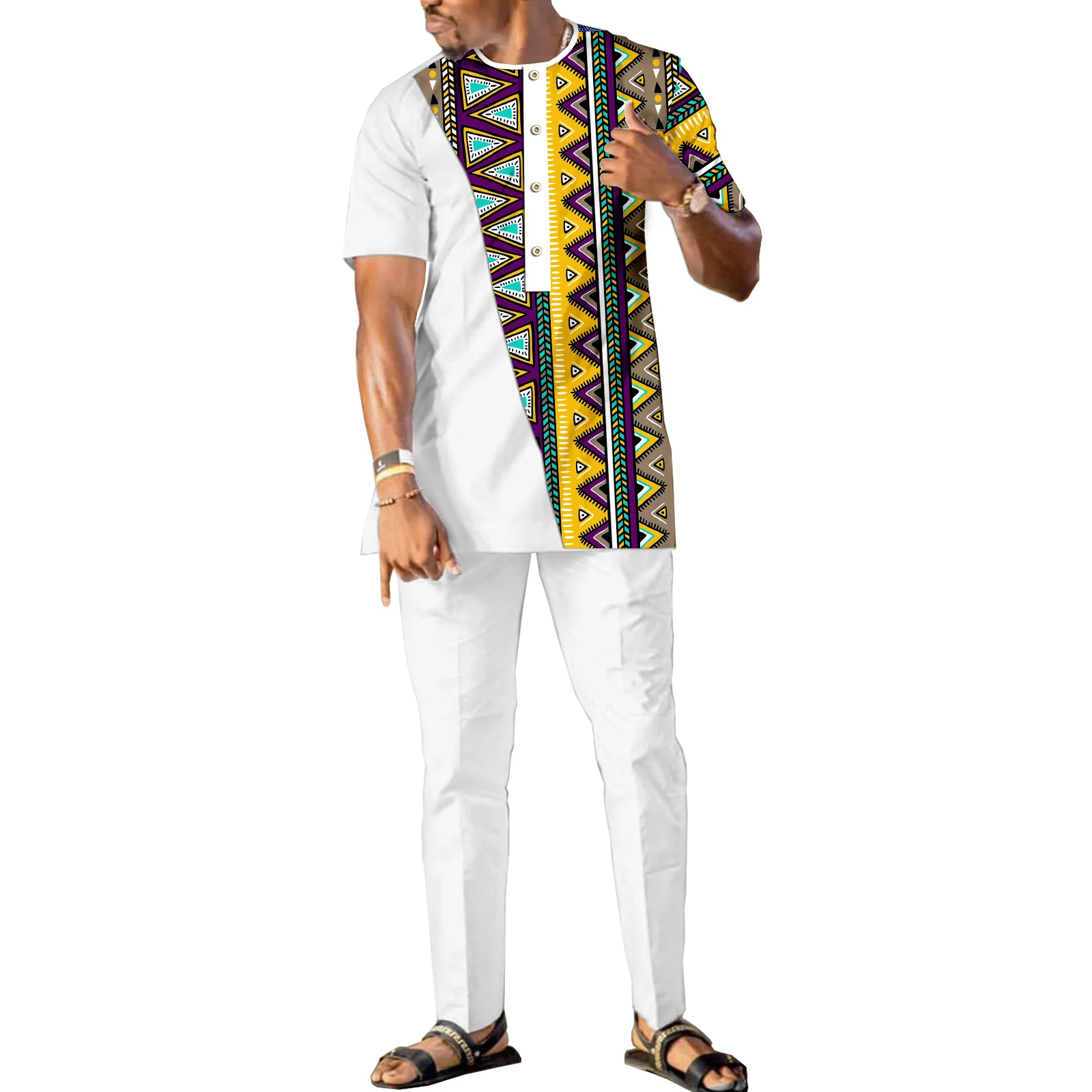 

African Clothes for Men Dashiki Traditional Outfits Print Wax Men's 2 Pieces Short Sleeve Shirt and Pants Sets V2316082