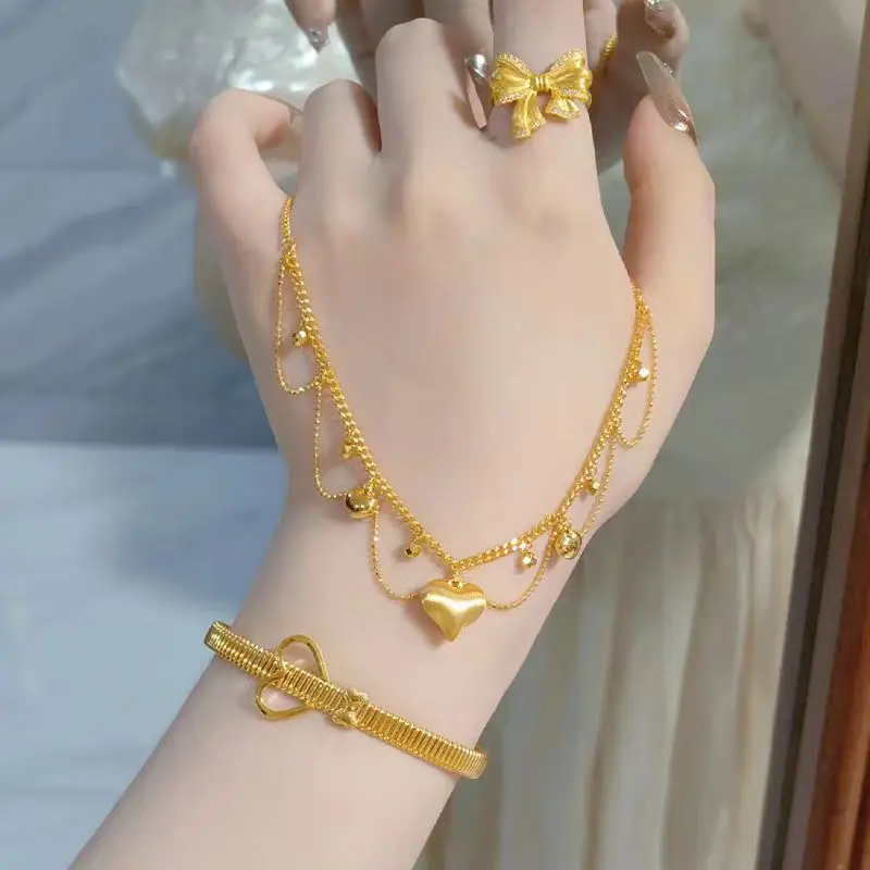 9999 24K Real Gold Tassel Lace Heart Necklace for Women Heart Integrated Collarbone Necklace