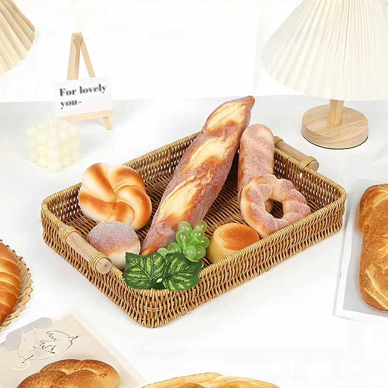 Handwoven Rectangular Plastic Serving Trays with Handles, Woven Wicker Bread Fruit Snacks Food Serving Baskets for Home Kitchen 5