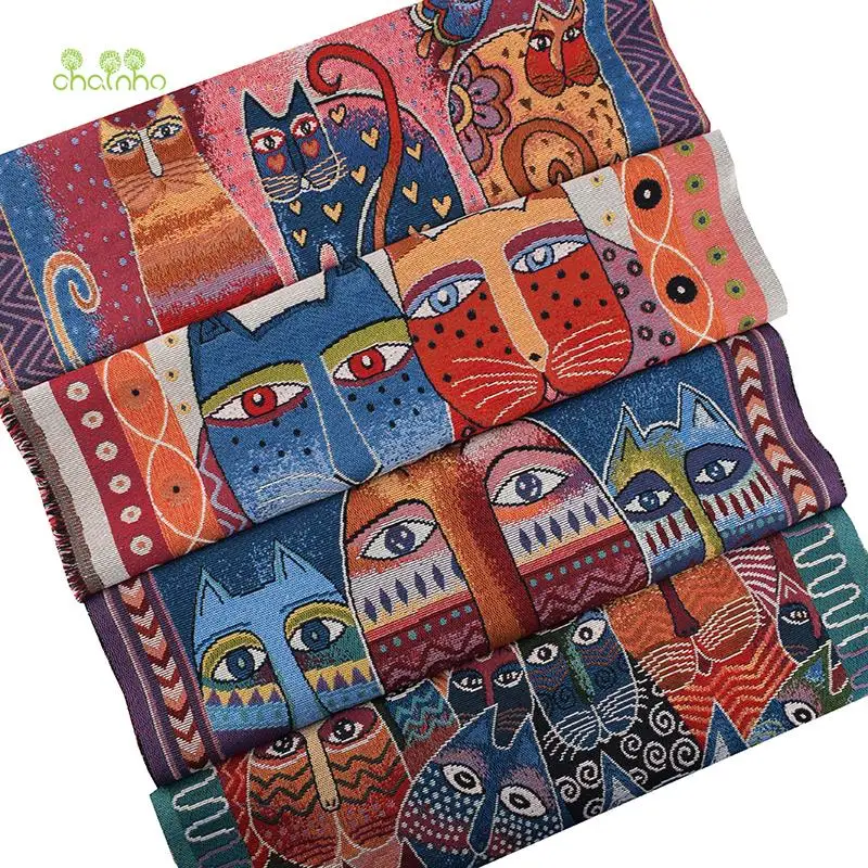 Chainho,Yarn Dyed Polyester Linen Jacquard Fabric,DIY Sewing Cushion,Bags Material,Cats Cartoon Series,4 Pieces/Lot,48x48cm