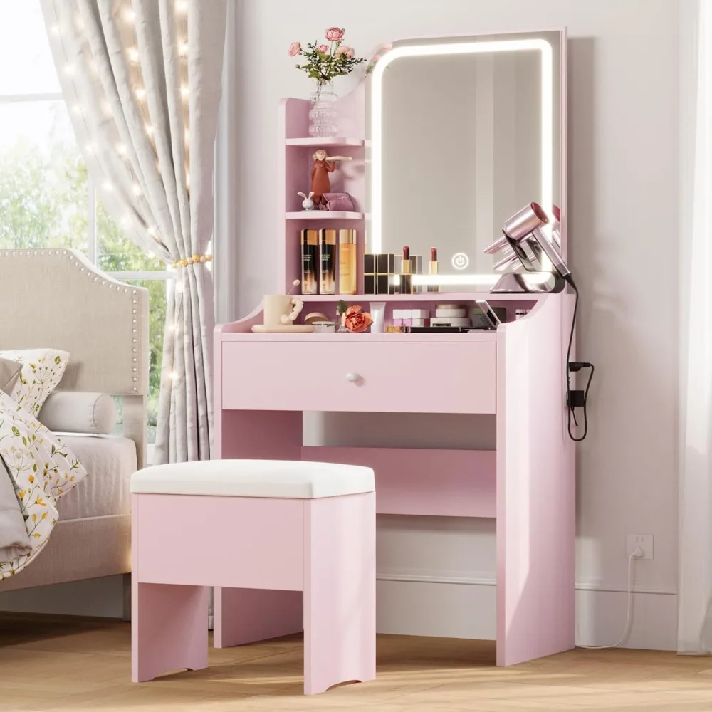 

LIKIMIO Small Makeup Vanity Desk with Mirror and Lights, Vanity Table Set with Storage Drawer & Chair & 3 Shelves, Bedroom