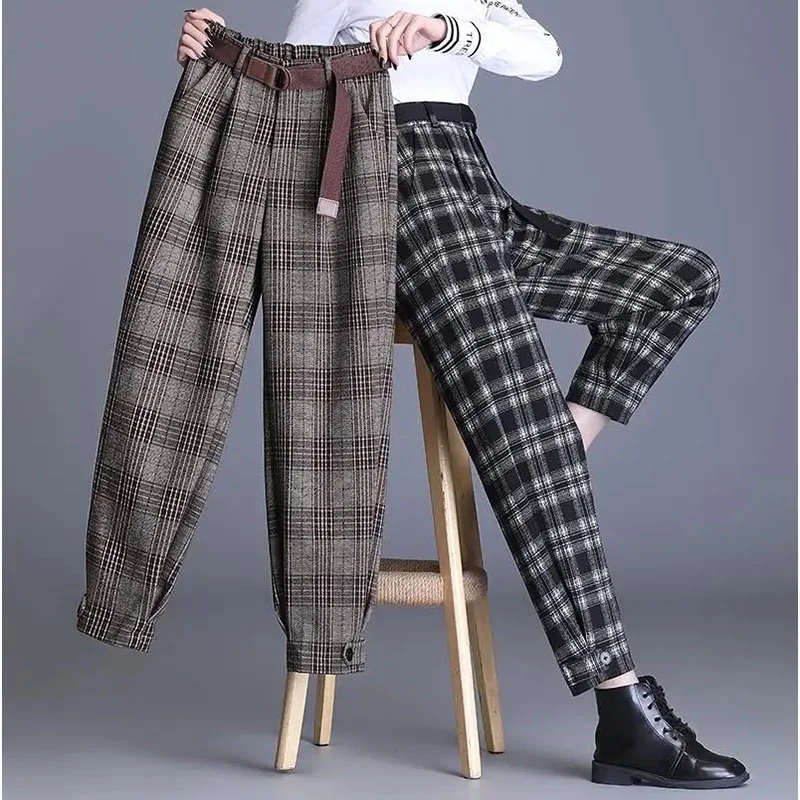 

Women Woolen Plaid Harem Pants Fall Winter Thick Loose Wool Trousers Korean High Waist Radish Pantalons Female Ankle-Length Pant