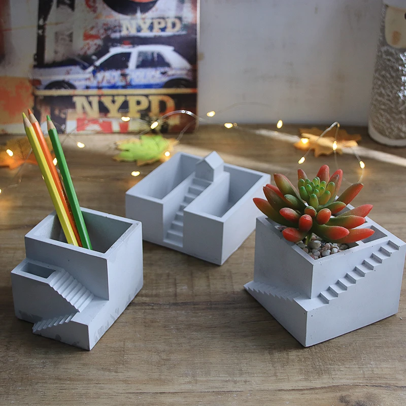 Square Stairs Shape Succulent Plants Pot Cement Clay Flowerpot Silicone Mold Concrete Candle Cup Gypsum Home Decor Molds