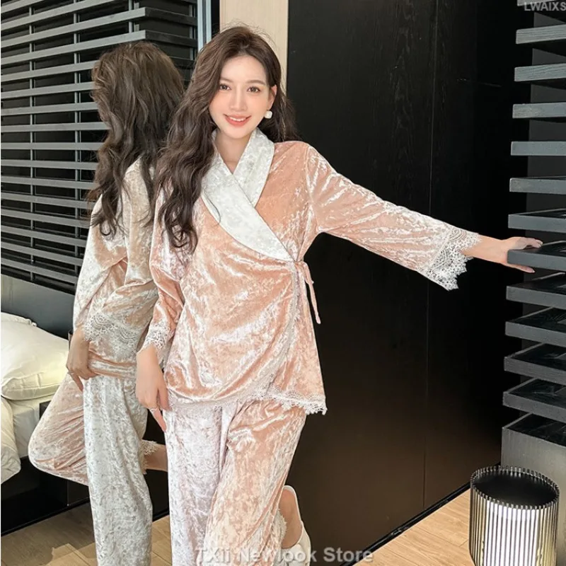 

TXii Newlook Autumn and winter new gold velvet women's pajamas home clothes two-piece long sleeve pants light luxury suit lace
