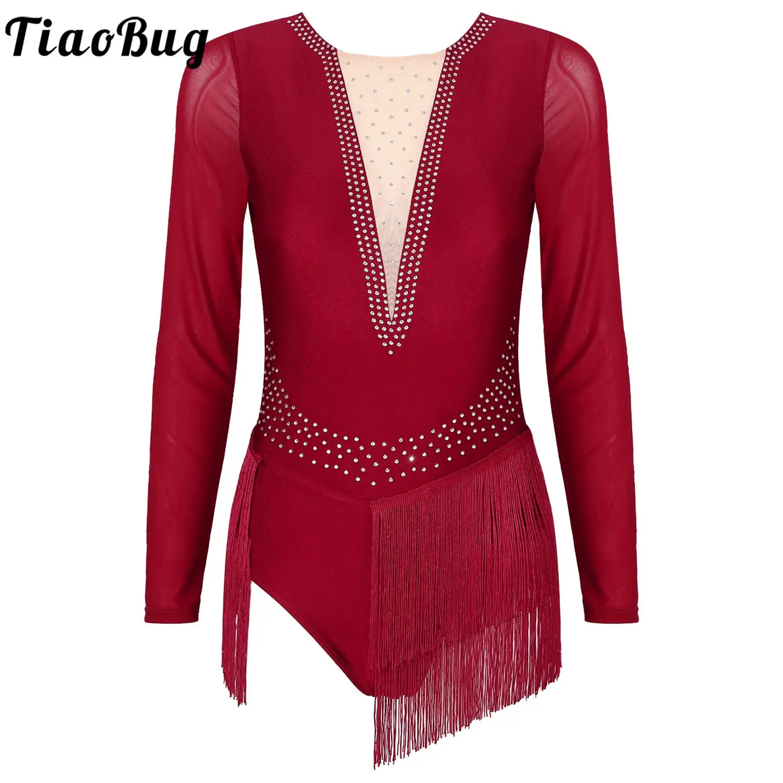 

Women Dress Lyrical Latin Dance Performance Costumes Long Sleeve Glitter Rhinestone Tassel Skirts Ballet Gymnastics Dancewear
