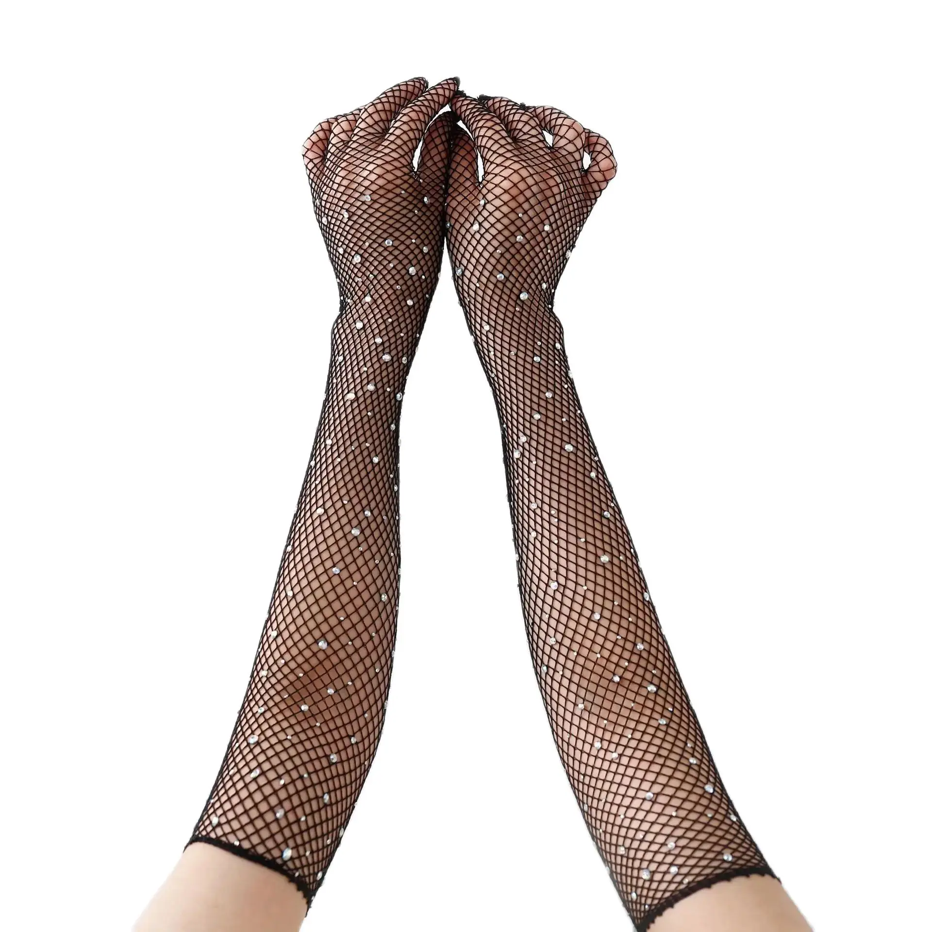 Black White Red Long Mesh Gloves With Rhinestones Hollow Fishing Net Women's Gloves Finger Fancy Cosplay Fishnet,lace gloves